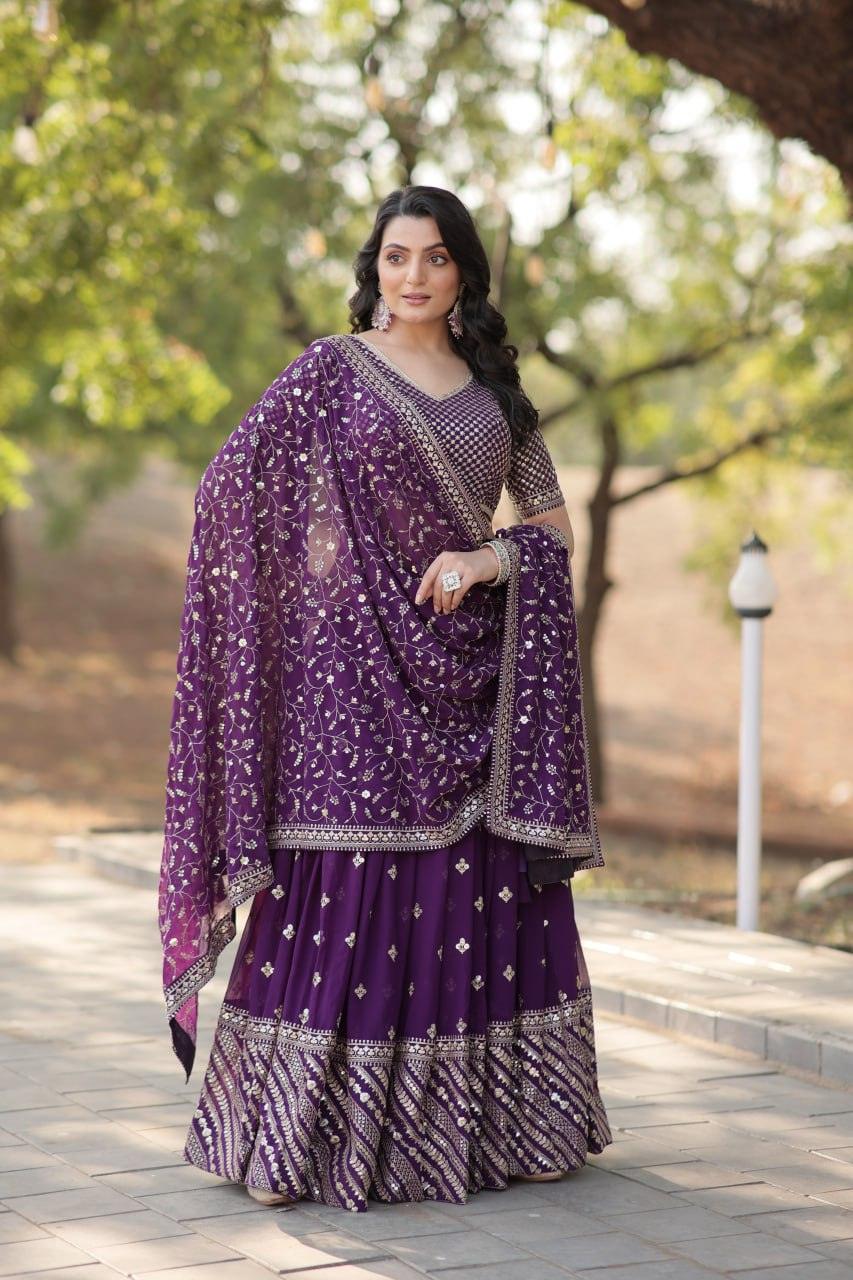 Spectacular Purple Faux Georgette Sequins Thread Embroidered Lehenga Set Best Sale Cheap Pice