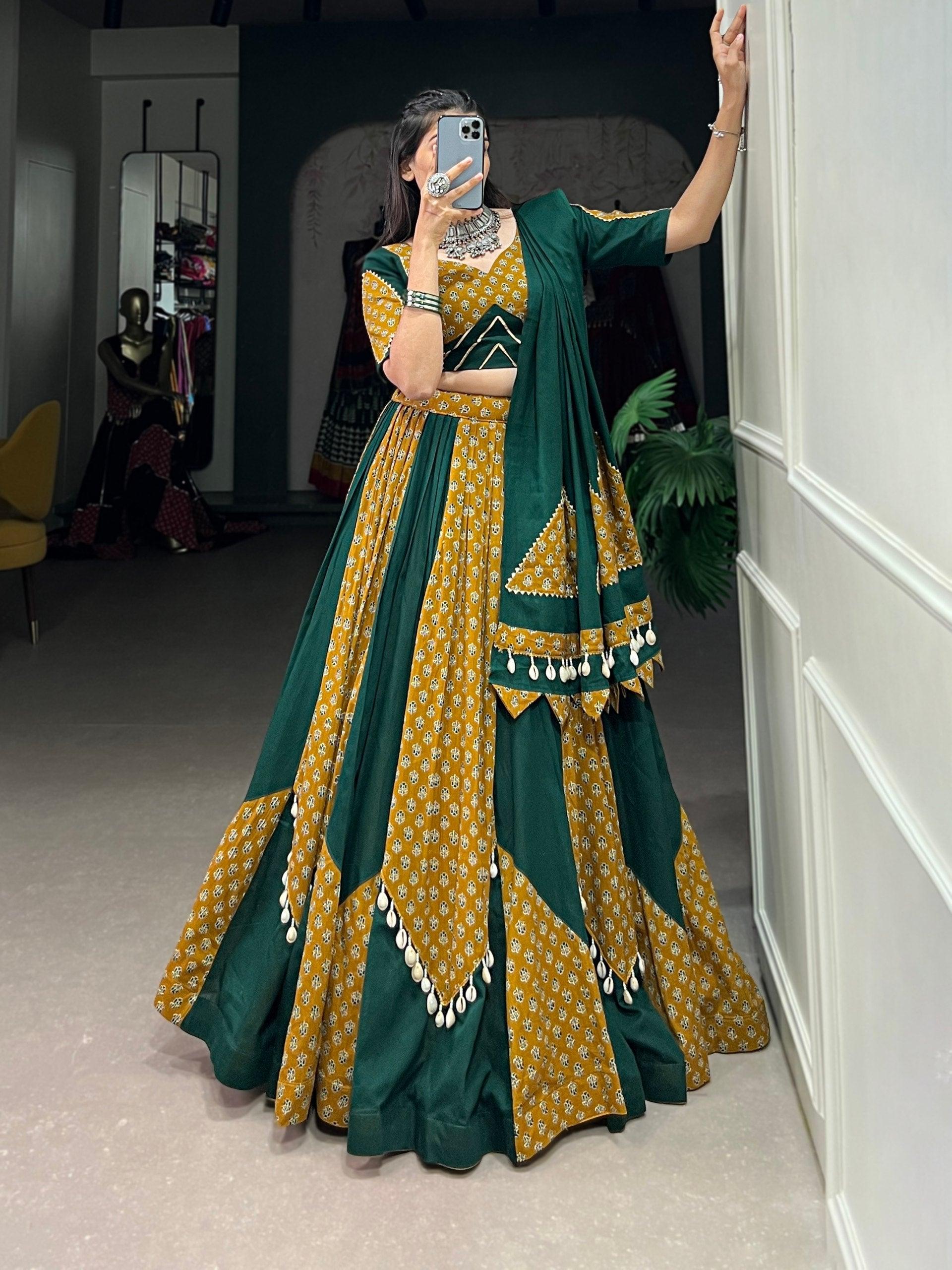 Mustard & Green Colored Pure Cotton Navratri Wear Lehenga Set Sale Manchester Great Sale