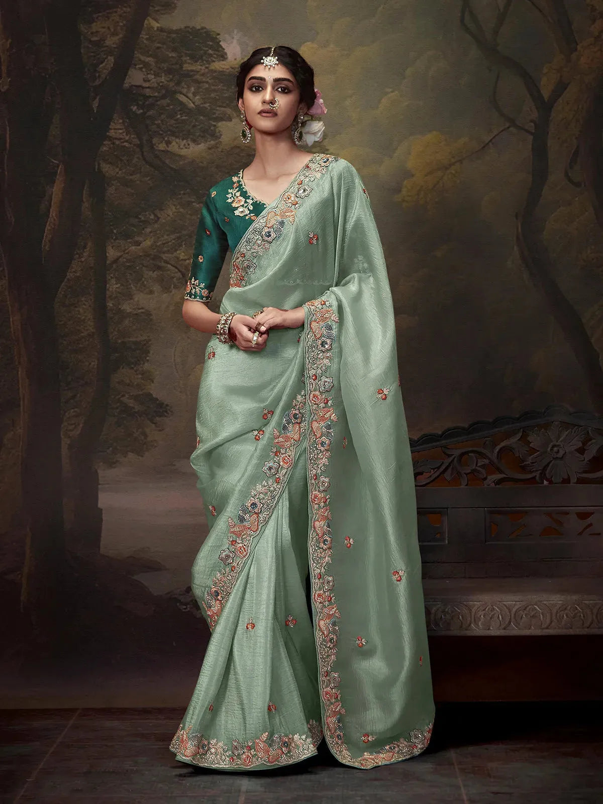 Elegant Light Green Embroidered Fancy Saree Wiki For Sale