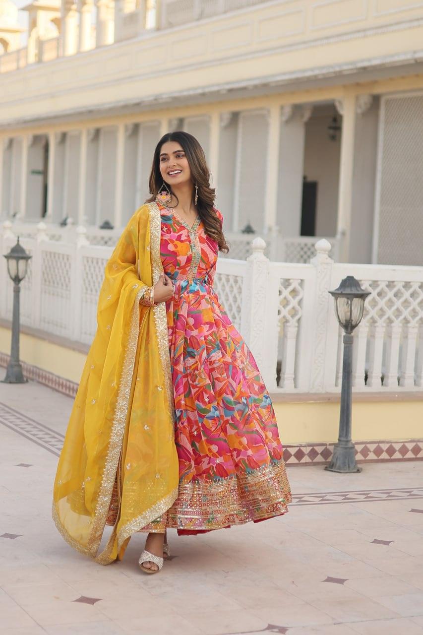 Floral Digital Printed Zari Sequins Worked Gown With Dupatta Good Selling Online