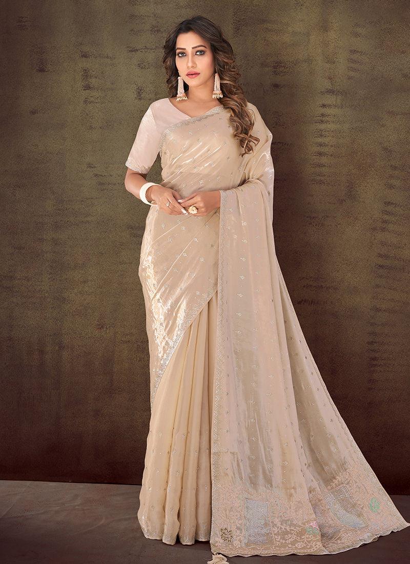 Stone Work Cream Color Classic Saree Cheap From China