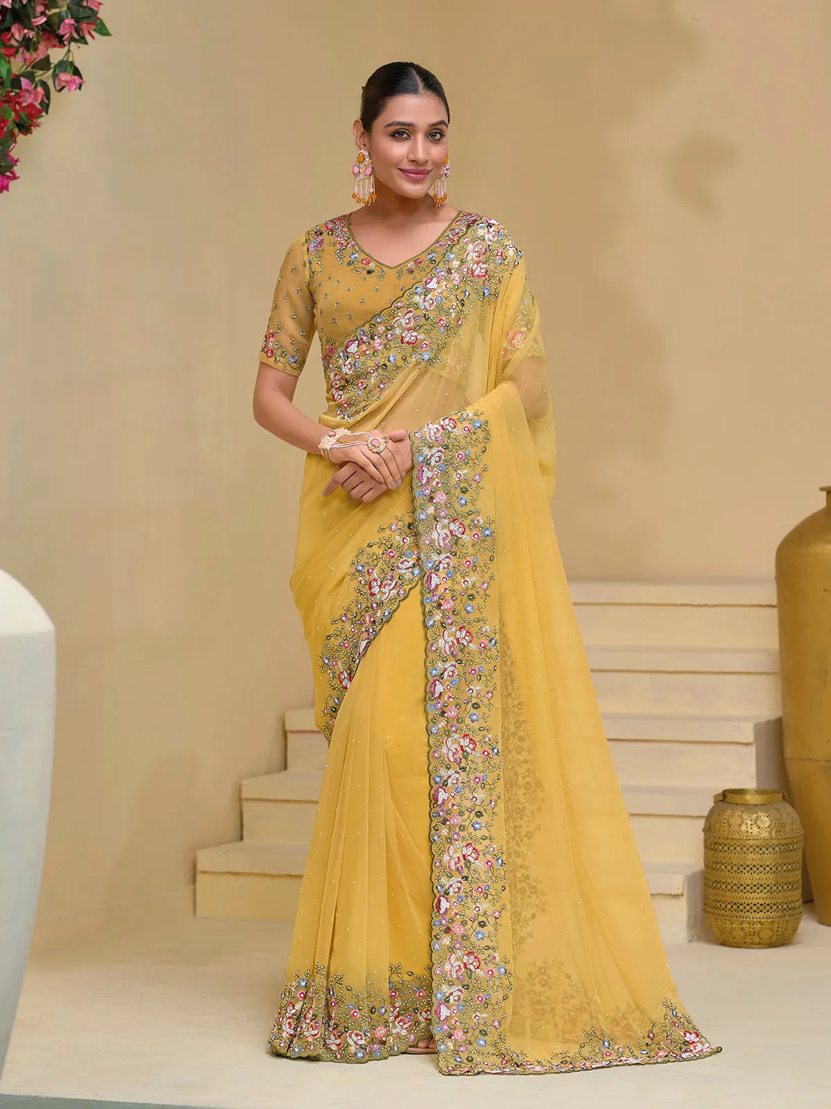 Glorious Mustard Banarasi Silk Embroidered Saree Shipping Discount Authentic