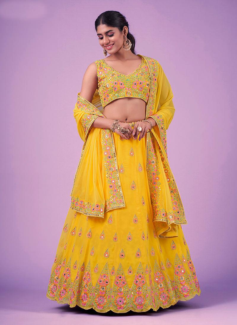 Thread With Mirror Yellow Georgette Chaniya Very Cheap