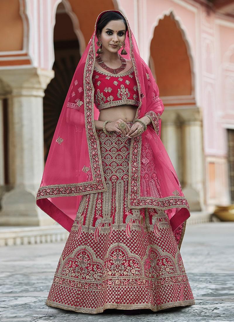 Fascinating Look Stone And Resham Work Velvet Base Pink Color Lehenga Sale Geniue Stockist