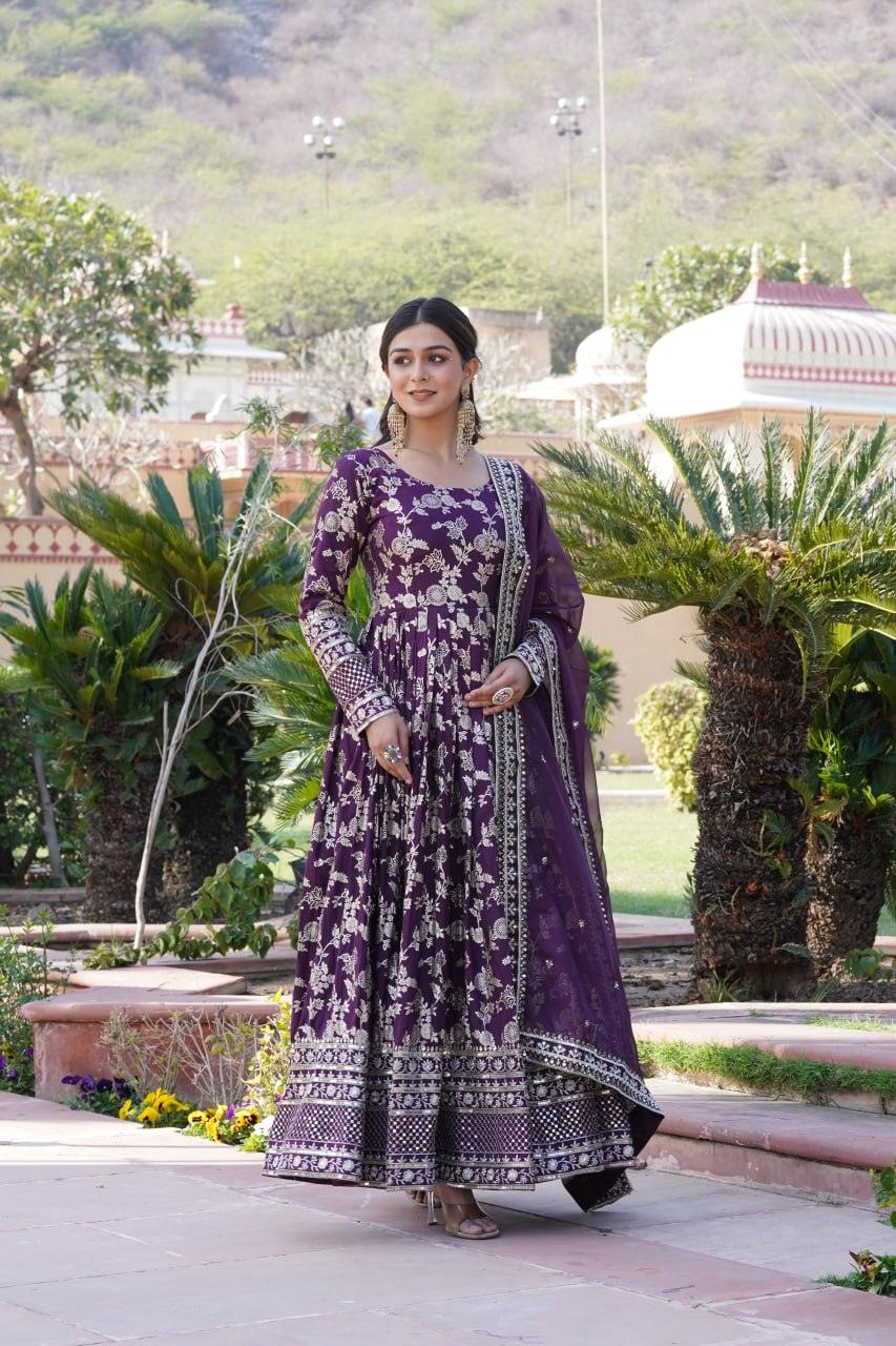 Stunning Viscous Jacquard Sequins Embroidered Worked Gown With Dupatta Clearance Store Sale Online