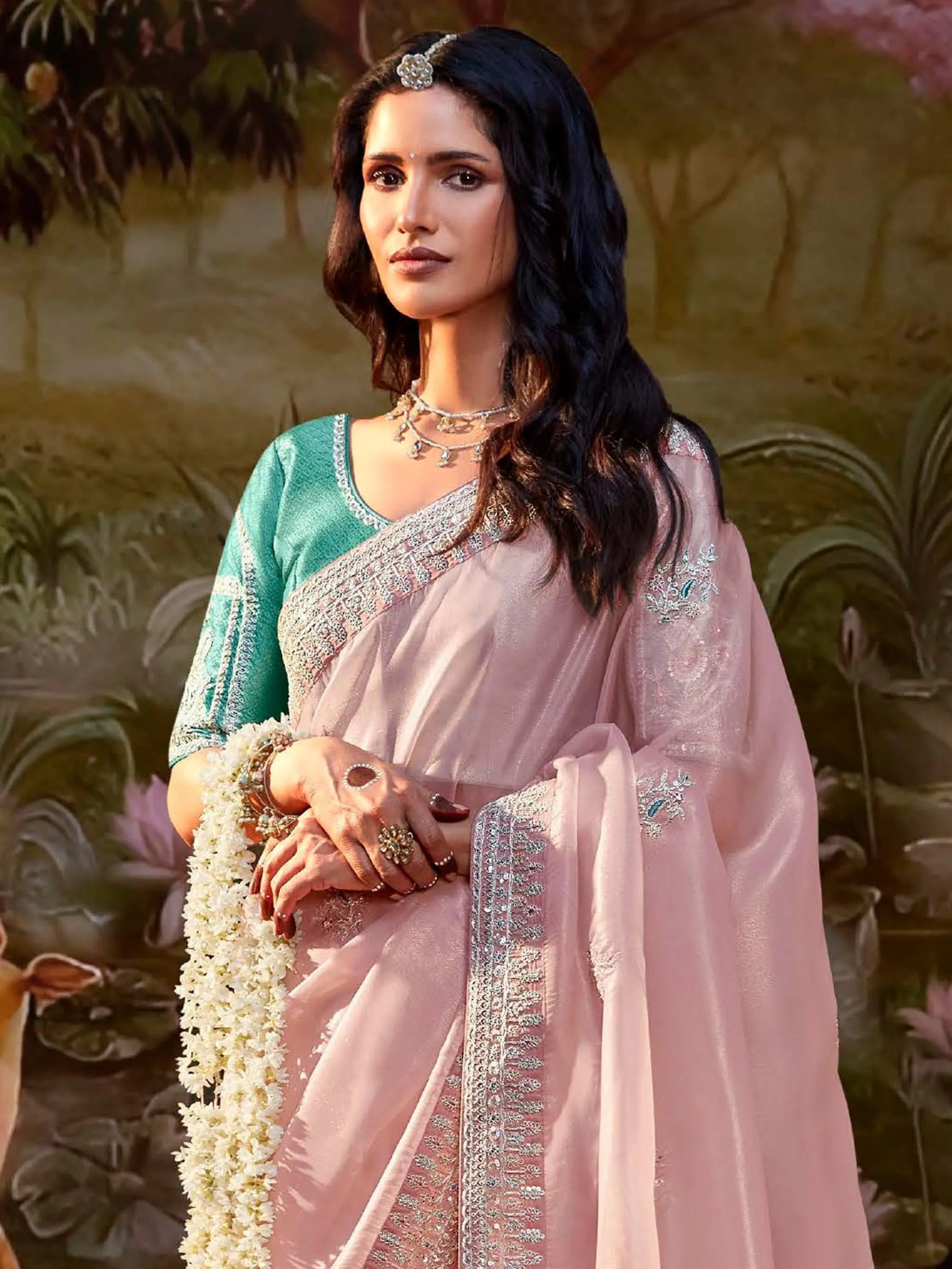 Light Pink Pure Organza Sequins Embroidered Designer Saree Free Shipping Comfortable