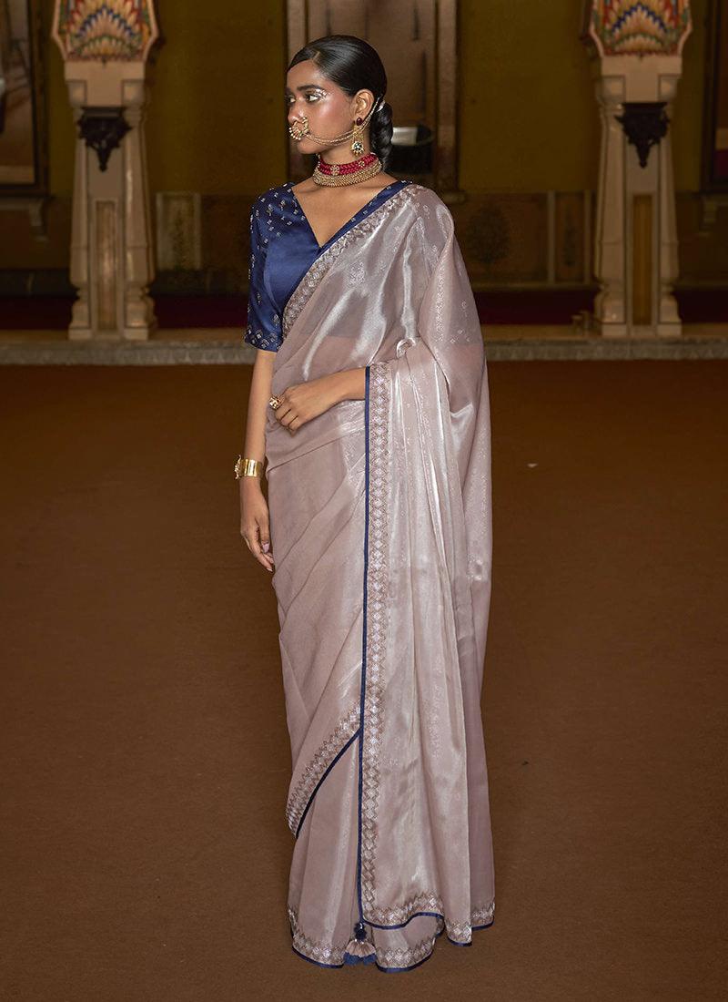 Organza Saree With Blue Blouse Enjoy Online