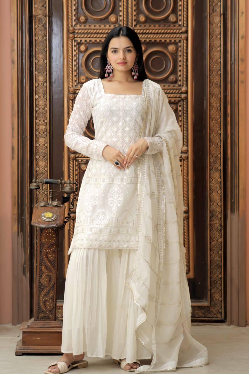 Stunning Faux Georgette Sequins Embroidered Top Sharara Set Cheap Sale Footlocker Finishline