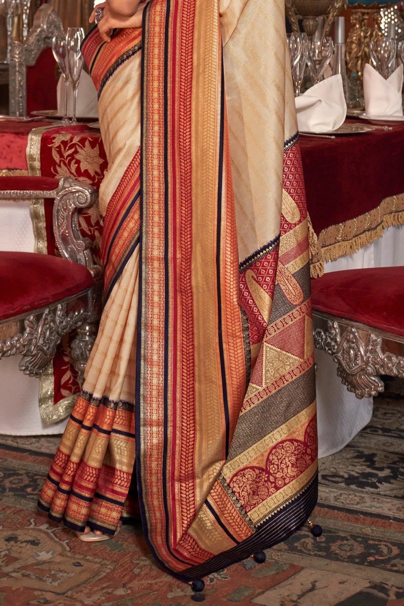 Charming Cream Kanjivaram and Patola Printed Silk Saree Discount Popular