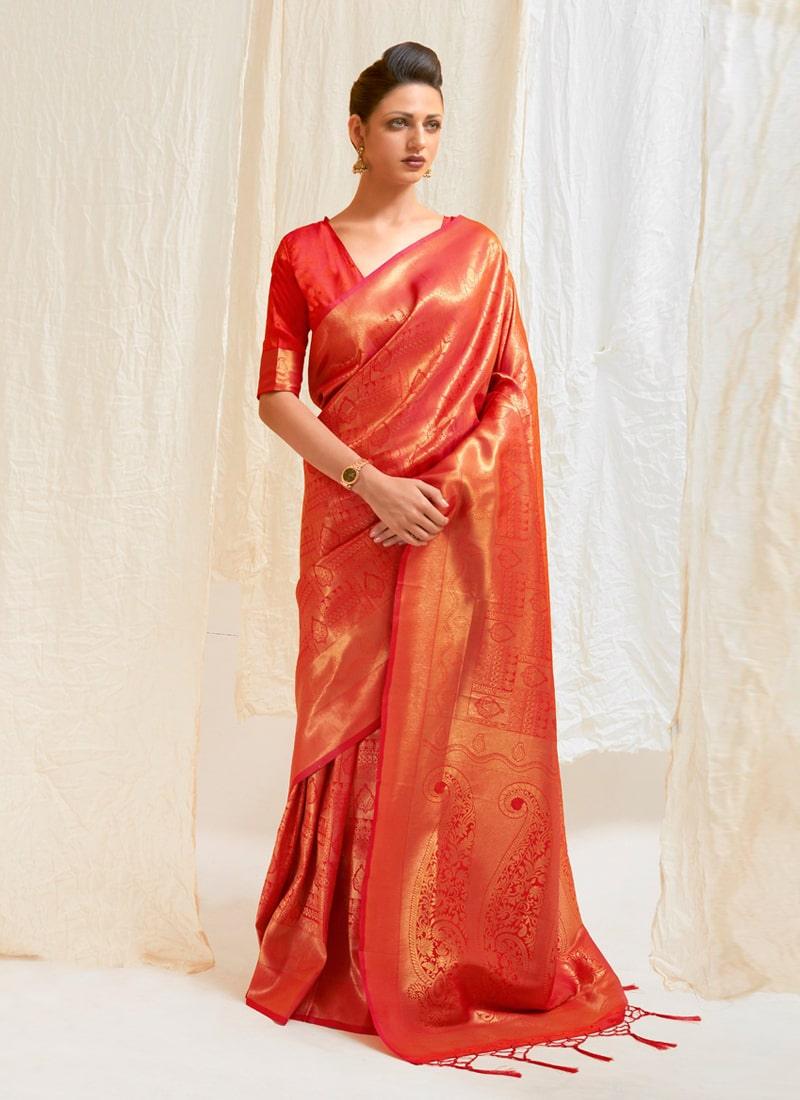 Dark Orange Color Silk Base Silk Weaving Work Wedding Wear Designer Saree Discount In China