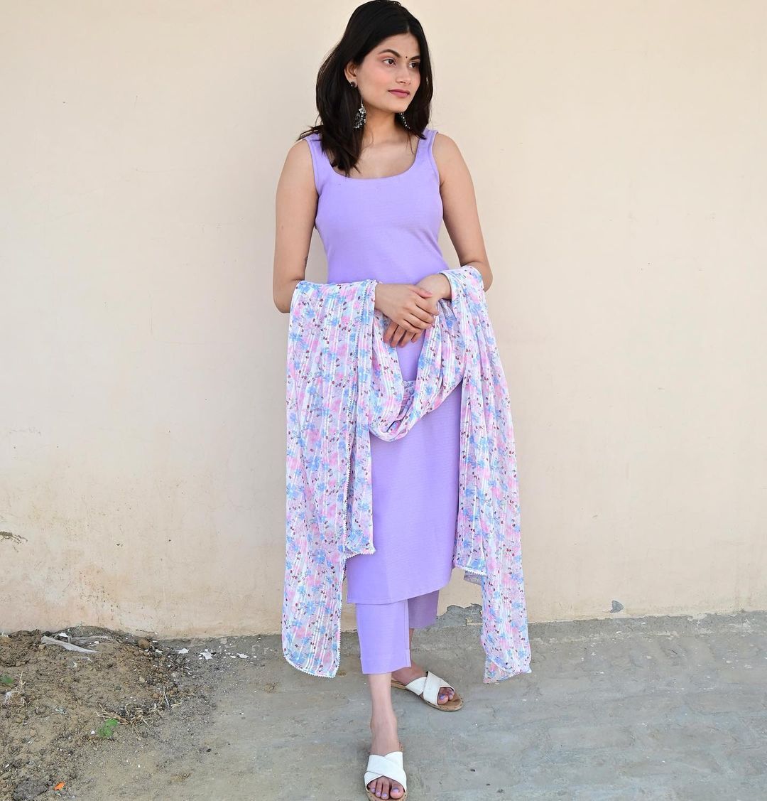 Lavender Colored Pure Maska Cotton Kurti Pant Set Free Shipping Real