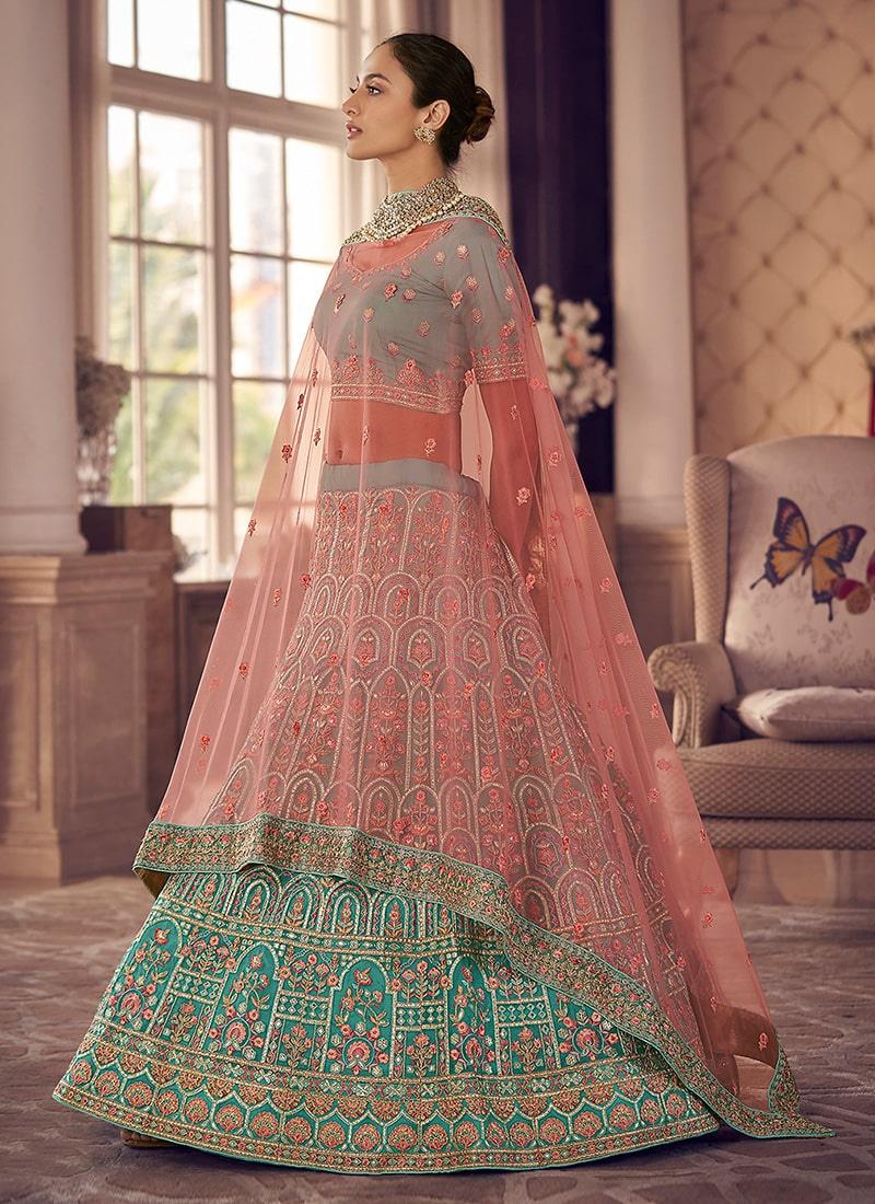 Turquoise Color Organza Material Gota And Resham Work Lehenga Store Cheap Online