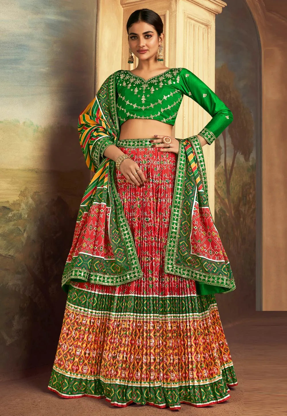 Fantastic Gaji Silk Green-Red Patola Printed Lehenga Choli Best Place Sale Online