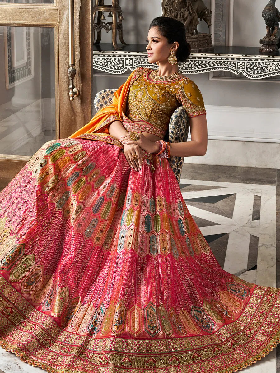 Divine Mustard-Pink Banarasi Silk Bridal Lehenga Choli Set Outlet Store For Sale