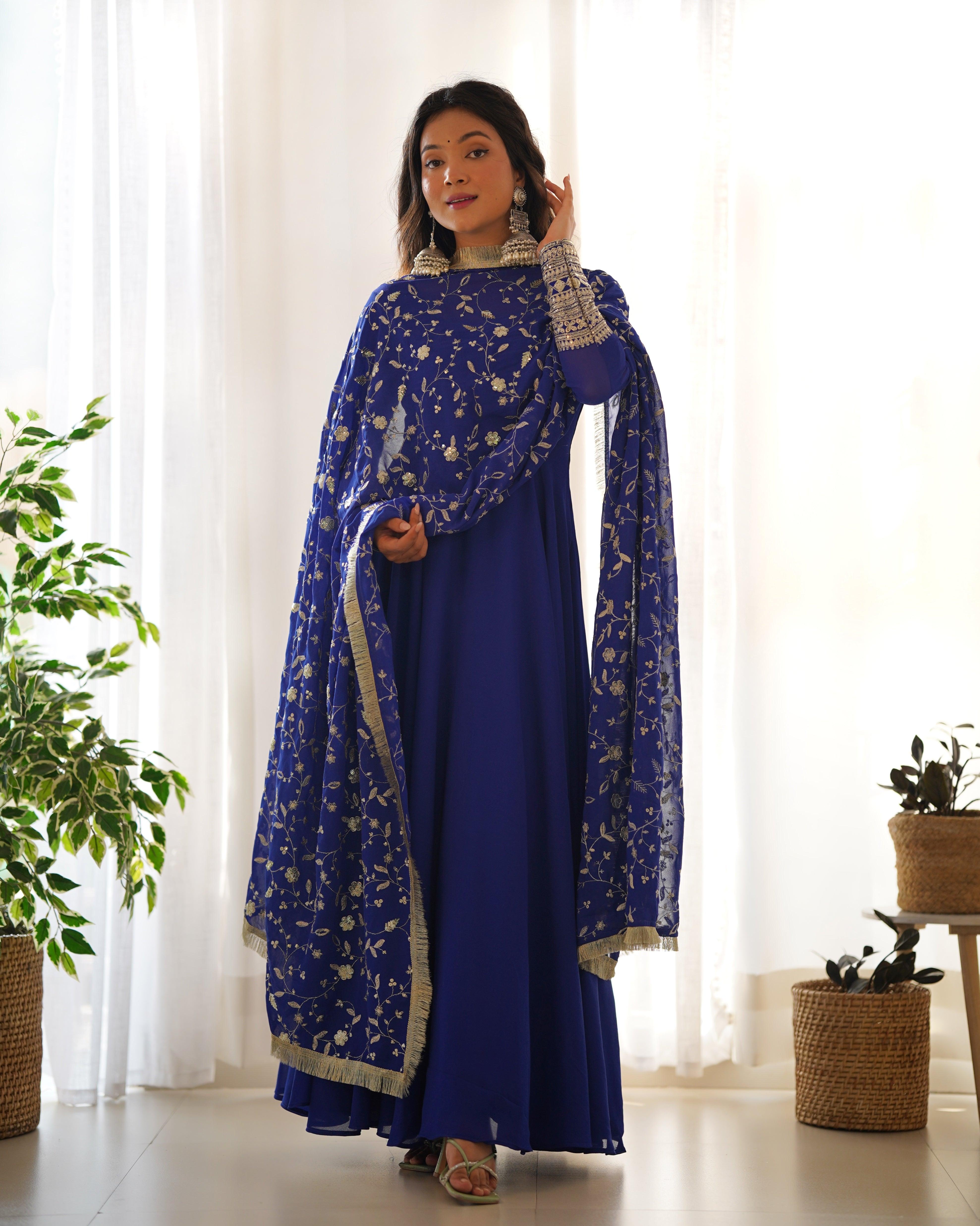 Blue Faux Georgette Anarkali Pant Suit With Sequins Embroidered Dupatta Cheap Wiki