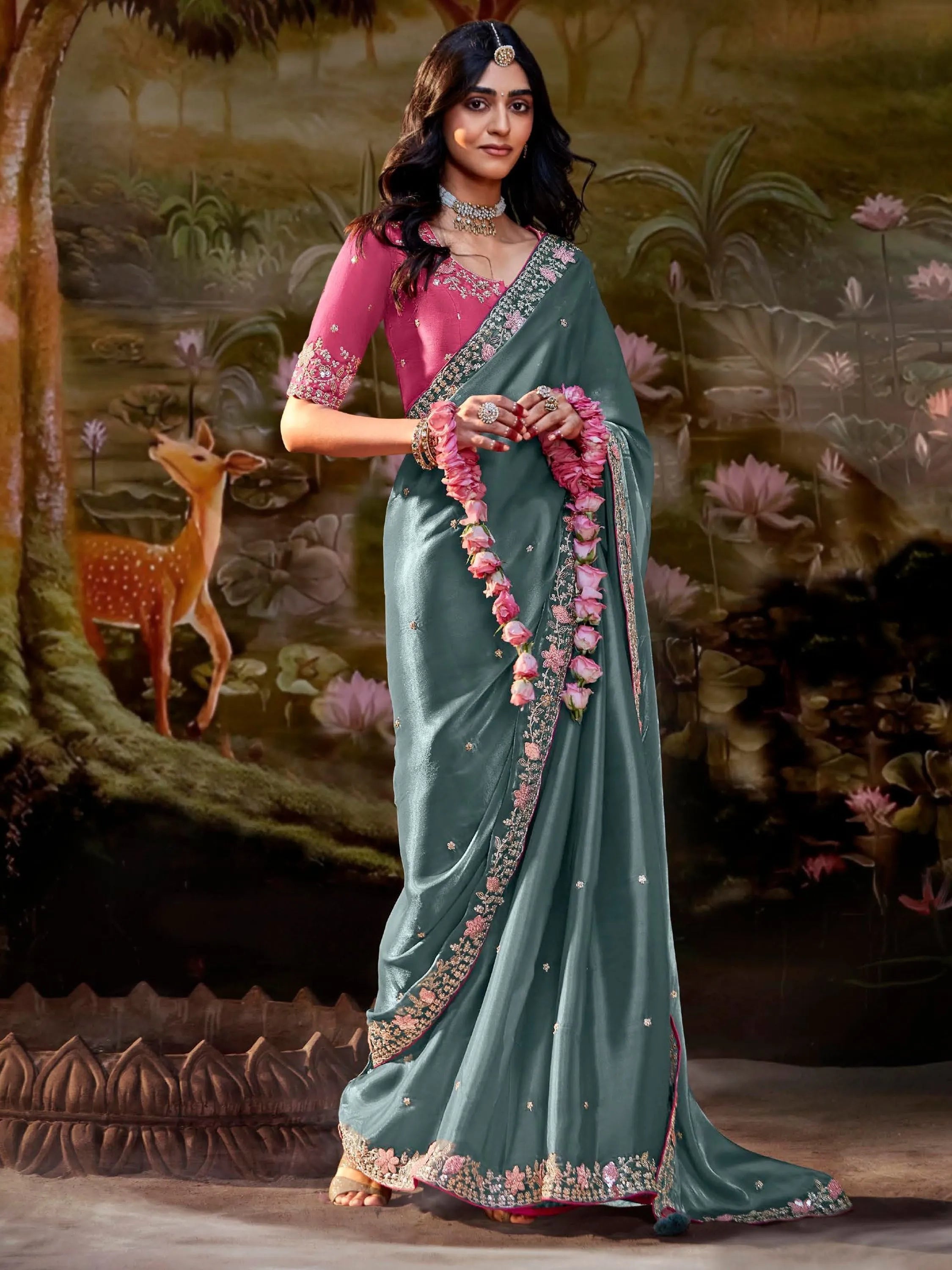 Sea Green Organza Wedding Wear Saree With Blouse With Credit Card For Sale