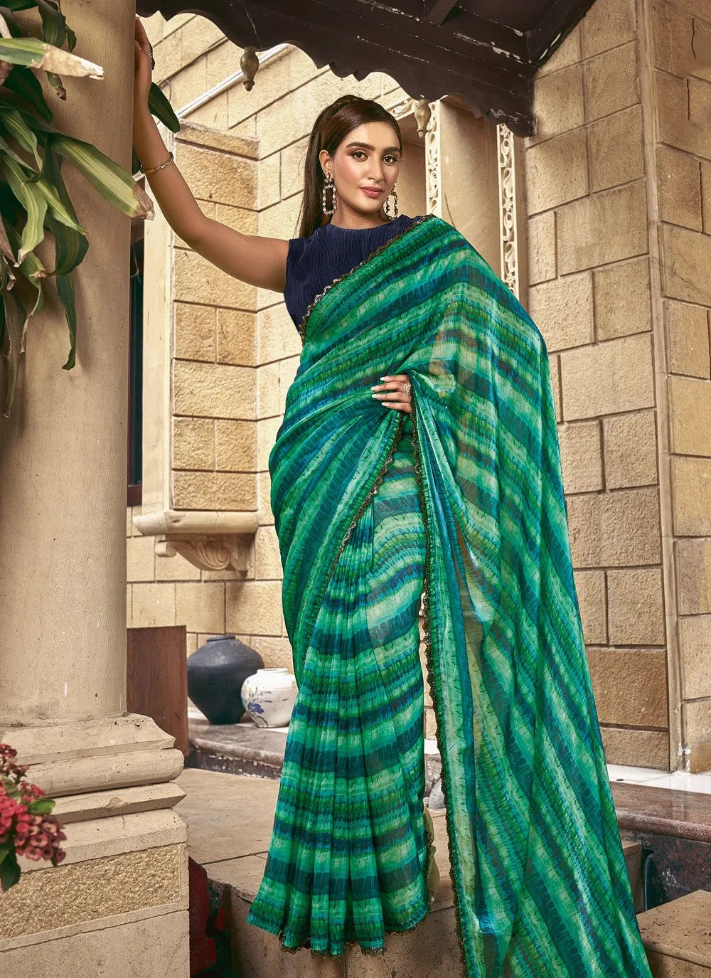 Green Colored Satin Silk Handwork Stone Printed Saree Cheap Sale Release Dates