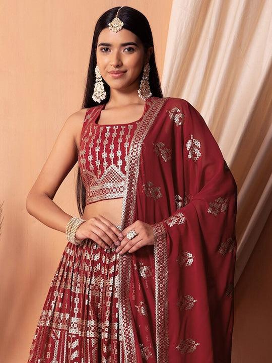 Maroon Georgette Sequinned pleated Lehenga Choli Cheap Discounts