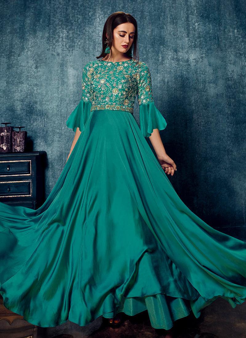 Green Color Satin Base Partywear Gown With Sequins Work Cheap Sale Geniue Stockist