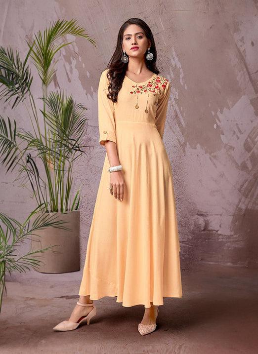 Intriguing Cream Color Cotton Base 3/4th Sleeves Partywear Long Kurti Free Shipping Supply