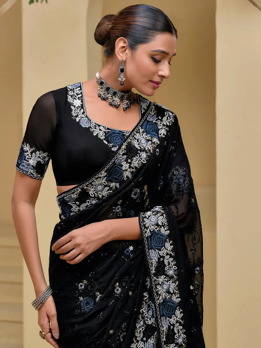 Astonishing Black Banarasi Silk Embroidered Saree Outlet Explore