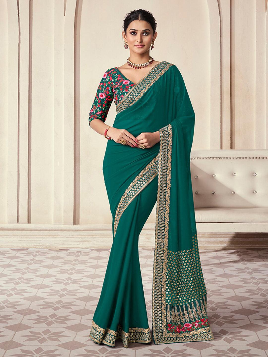 Green color Organza Embroidered Designer Saree Cheap Get To Buy