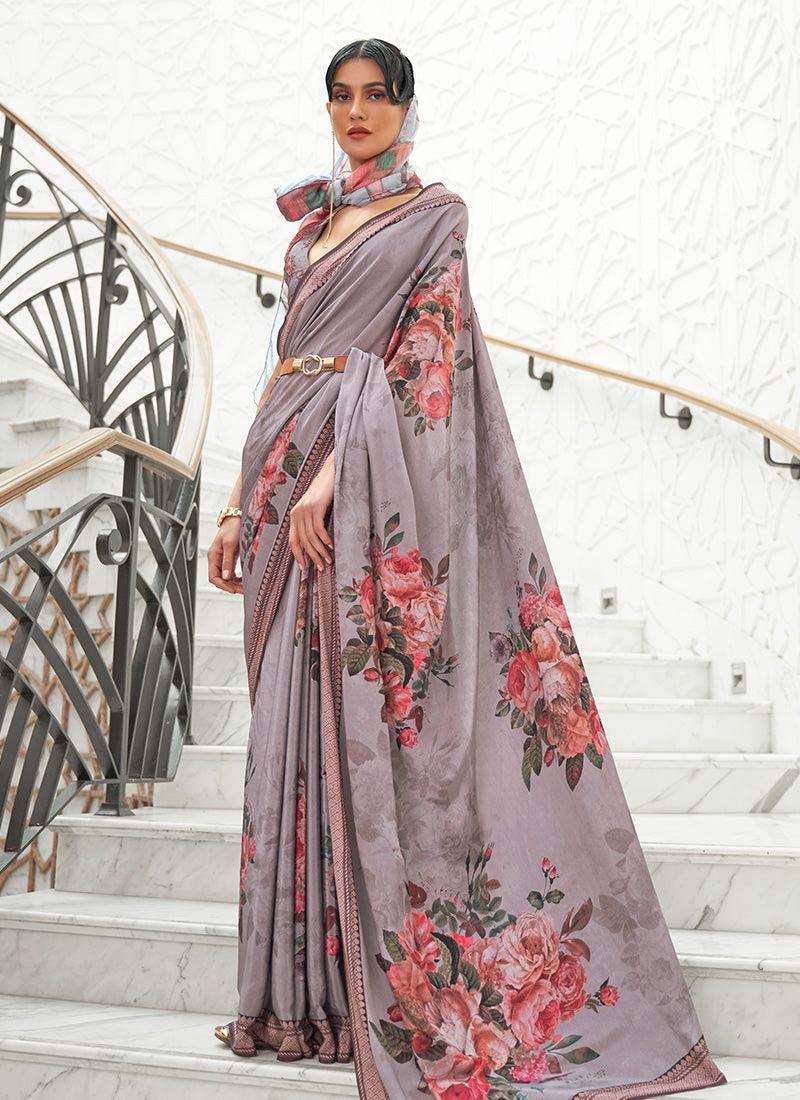 Heavenly Grey Colored Silk Fabric Partywear Floral Print Saree Sale Nicekicks