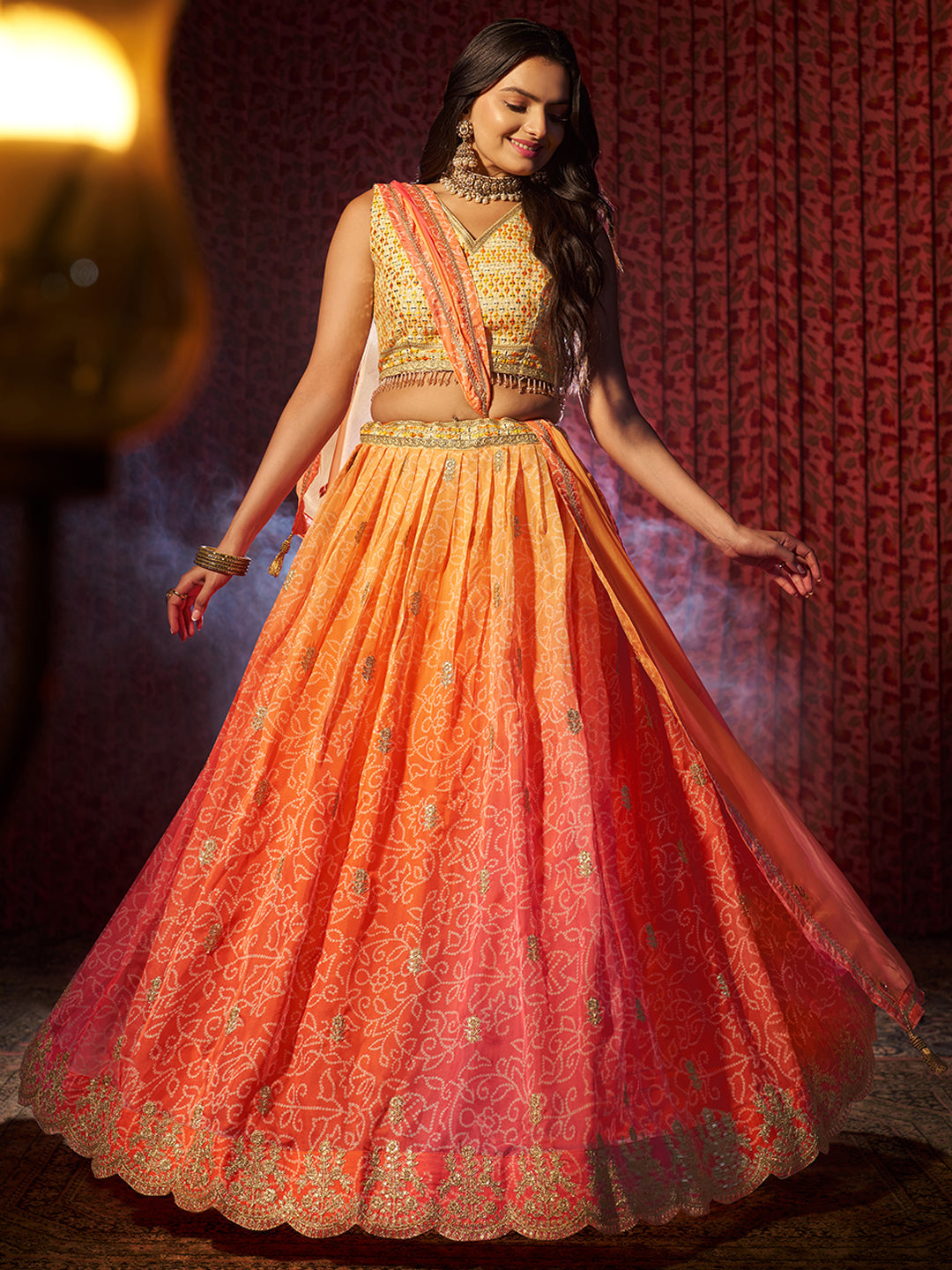 Gorgeous Orange Printed or Embroidered Organza Lehenga Choli Free Shipping Manchester