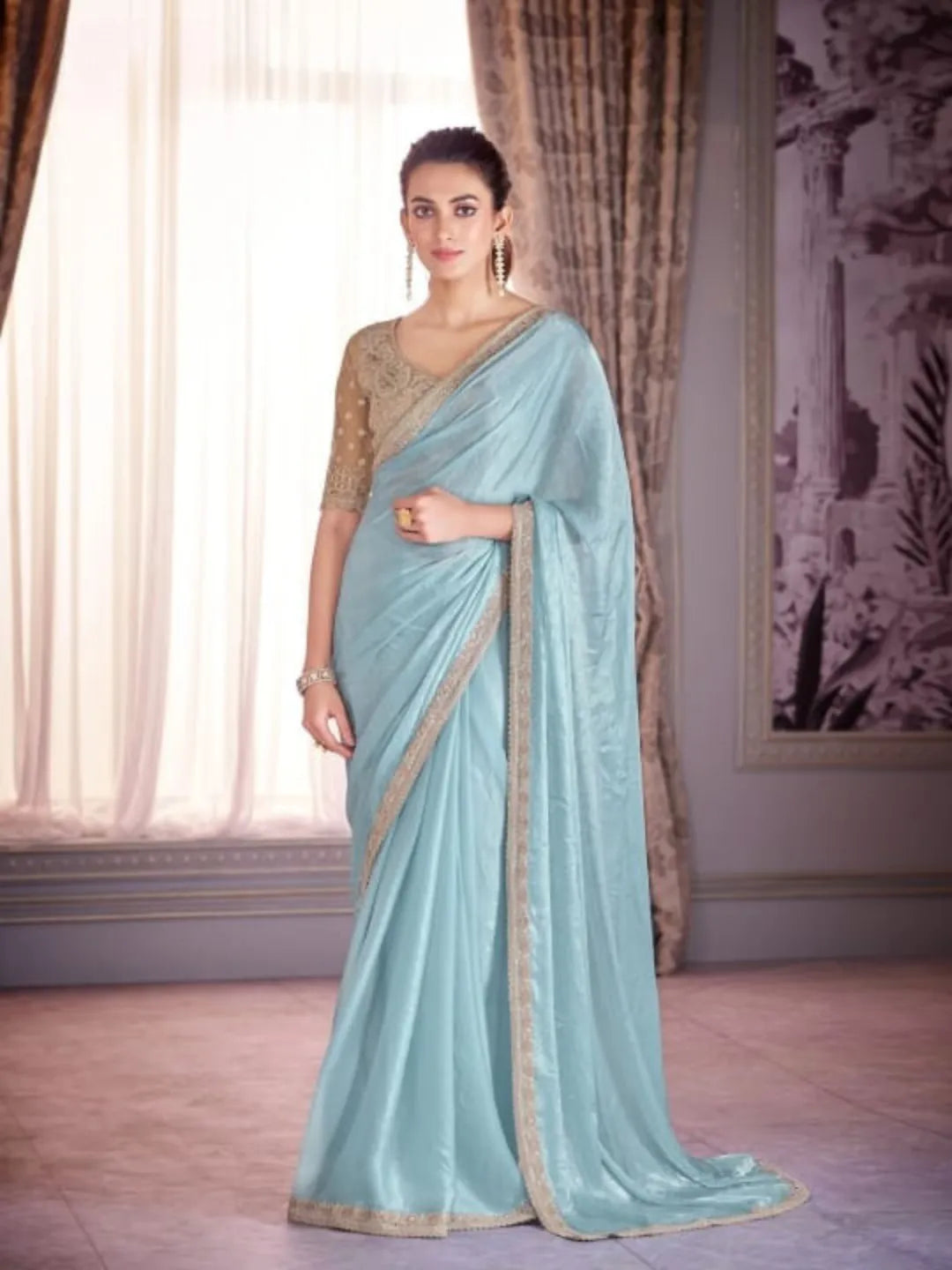 Captivating Cloudy Blue Satin Organza Embroidered Saree Cheap Sale Store