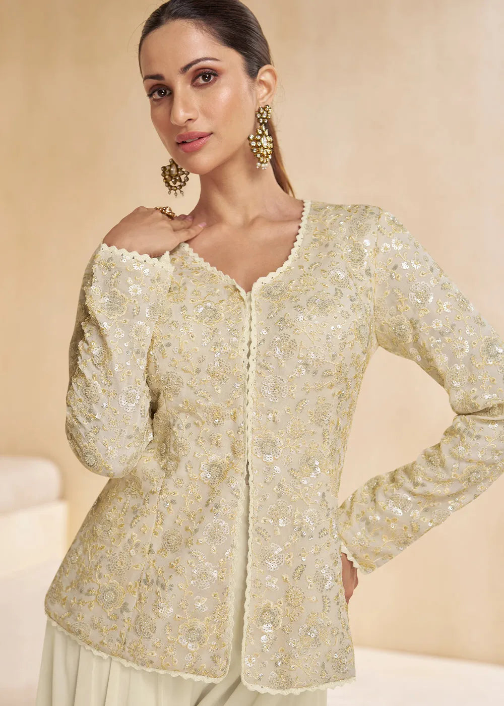 Pearl White Pure Georgette Floral Embroidered Top Palazzo Suit Finishline Sale Online