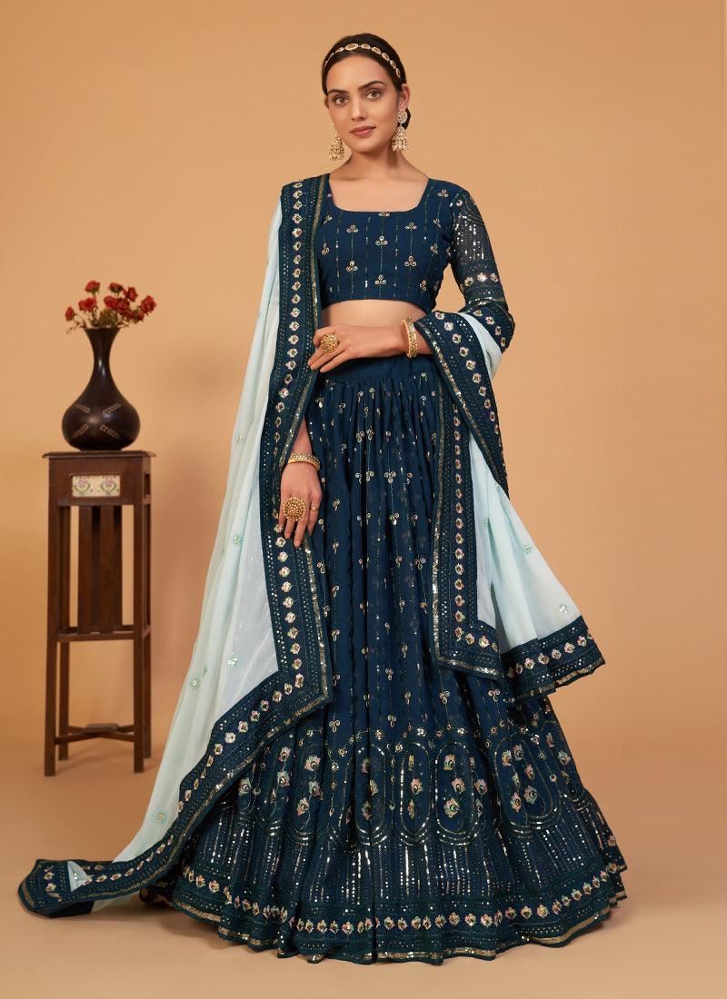 Teal Blue Georgette Lehenga With Contrast Dupatta Clearance Inexpensive