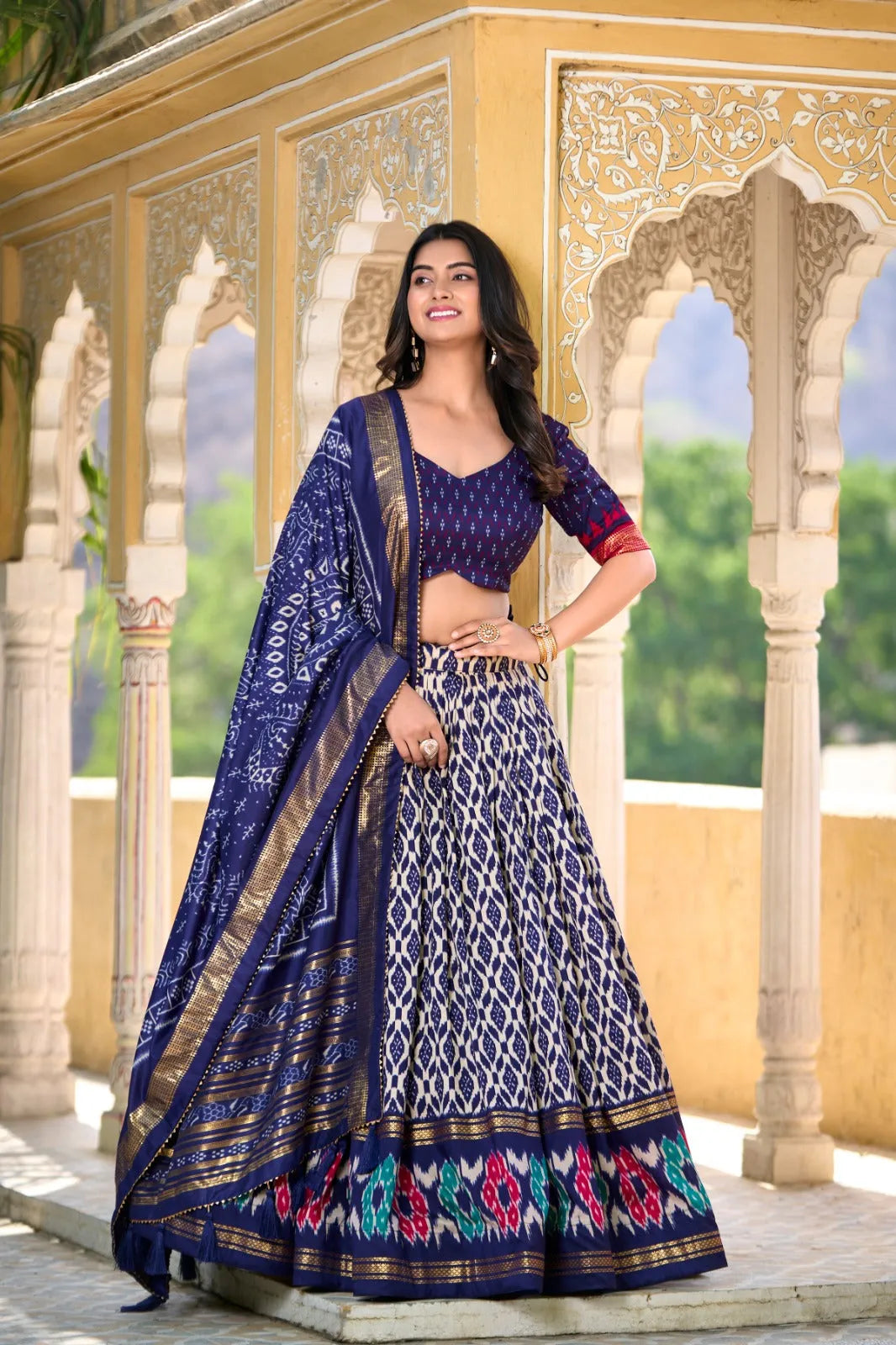 Colourful Tussar Silk Printed Foil Worked Lehenga Choli Set Discount Wiki