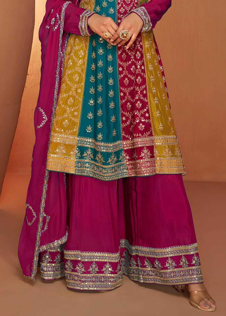 Fantastic Multi Colored Chinon Embroidered Palazzo Suit Sast Sale Online