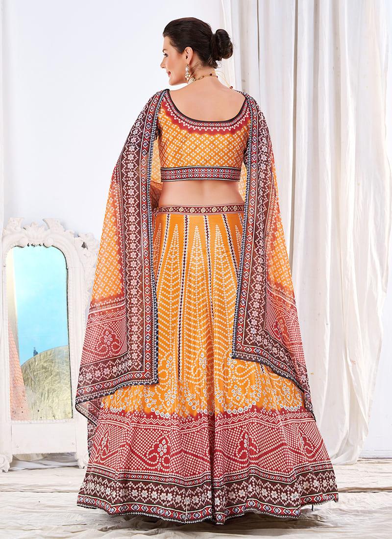 Digital Printed Deep Neckline Orange Lehenga Choli Latest