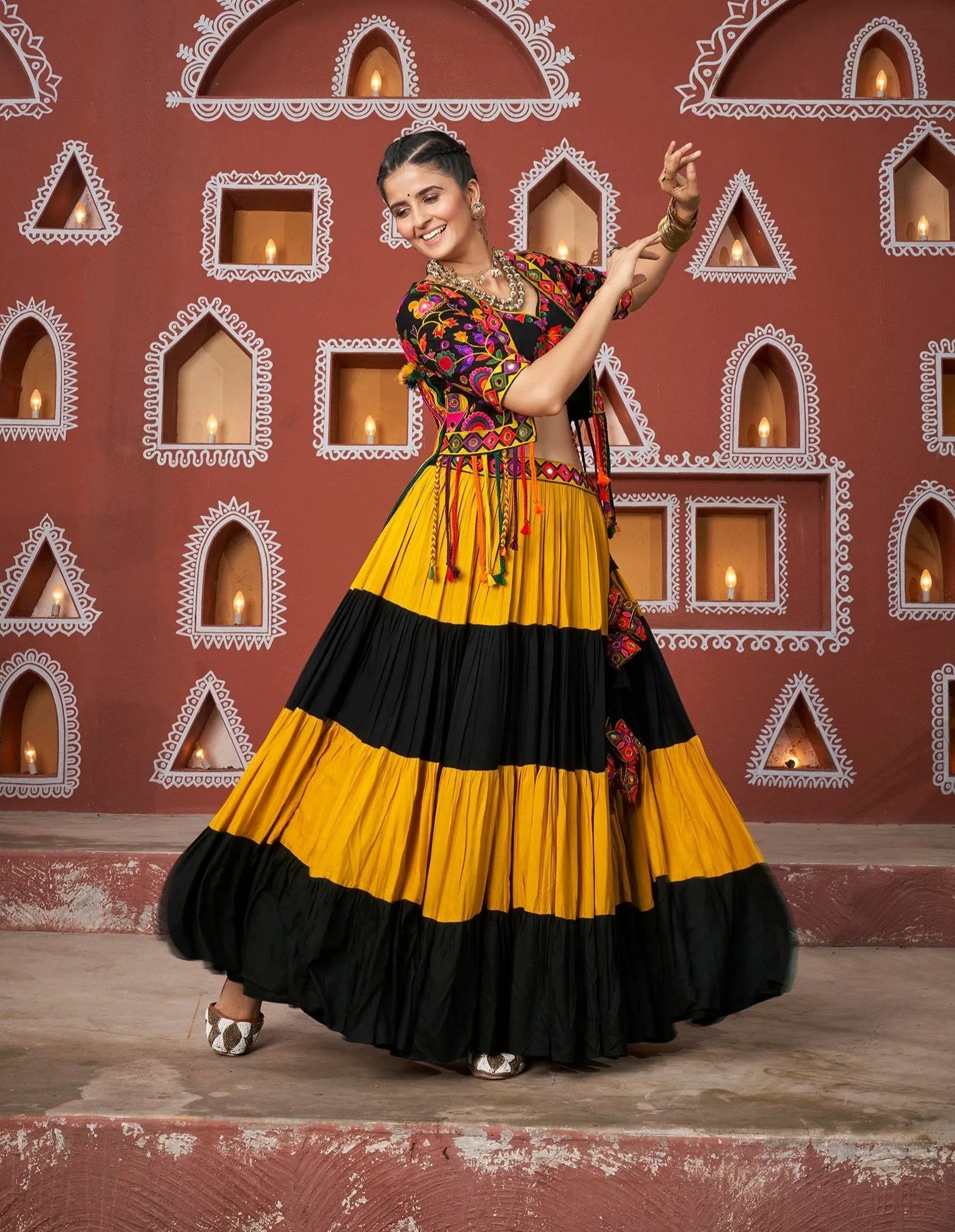 Navratri Wear Multi Colour Embroidered Mirror Worked Jacket Lehenga Set Visit Online