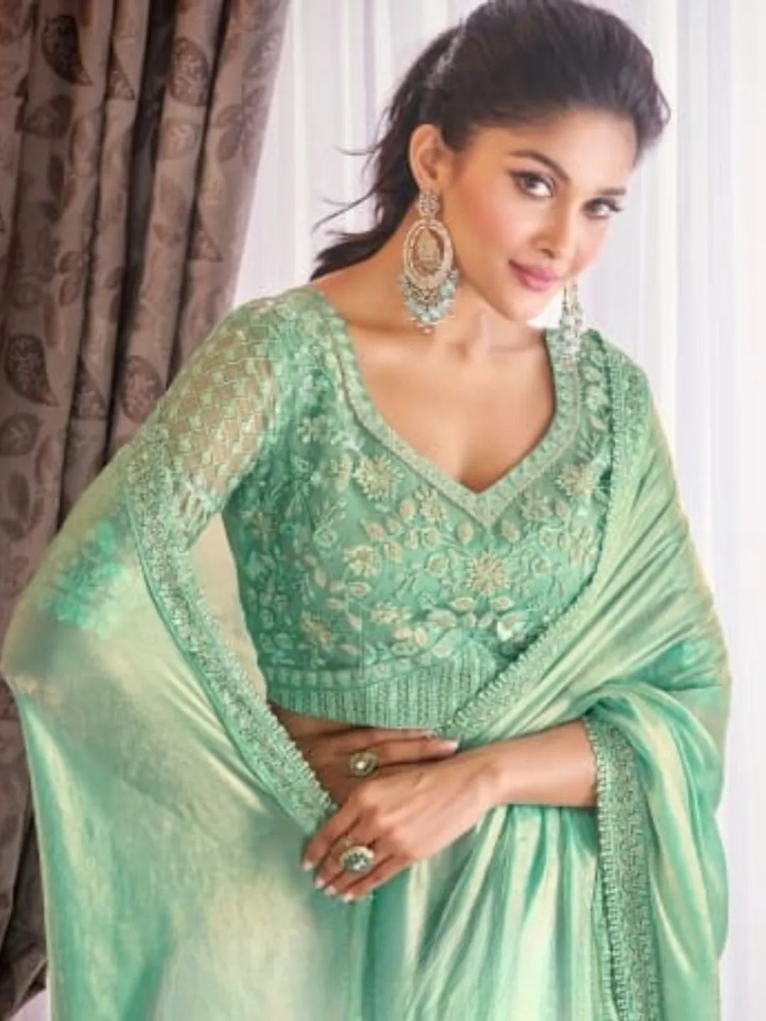 Stunning Shiny Pista Green Satin Organza Embroidered Saree Clearance Fast Delivery