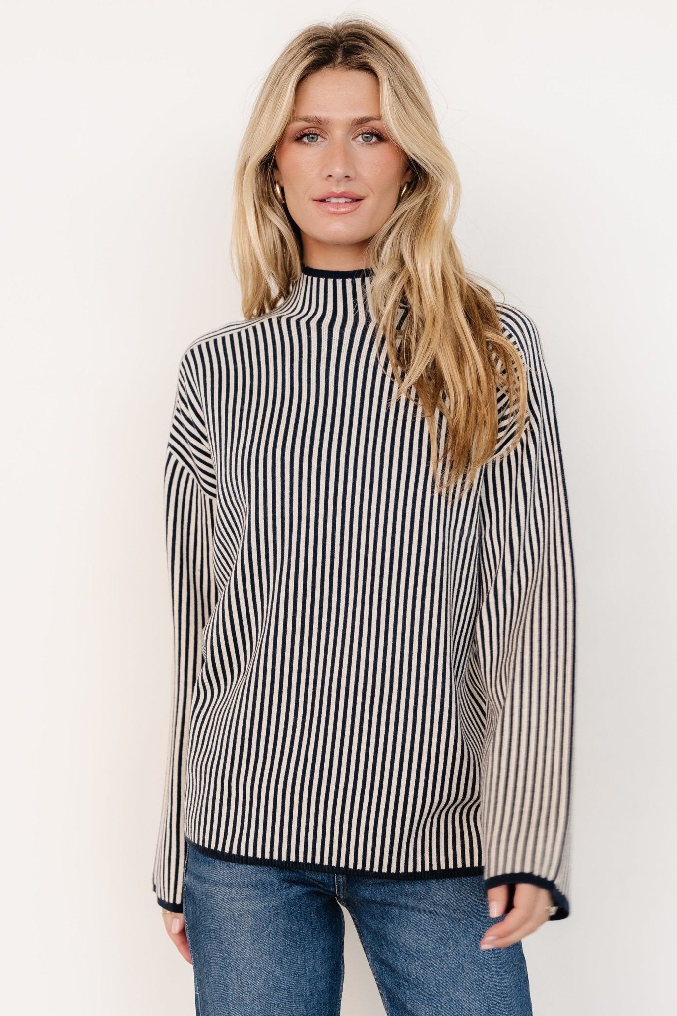 Kat Mock Neck Sweater | Navy Stripe Best Place Cheap Pice