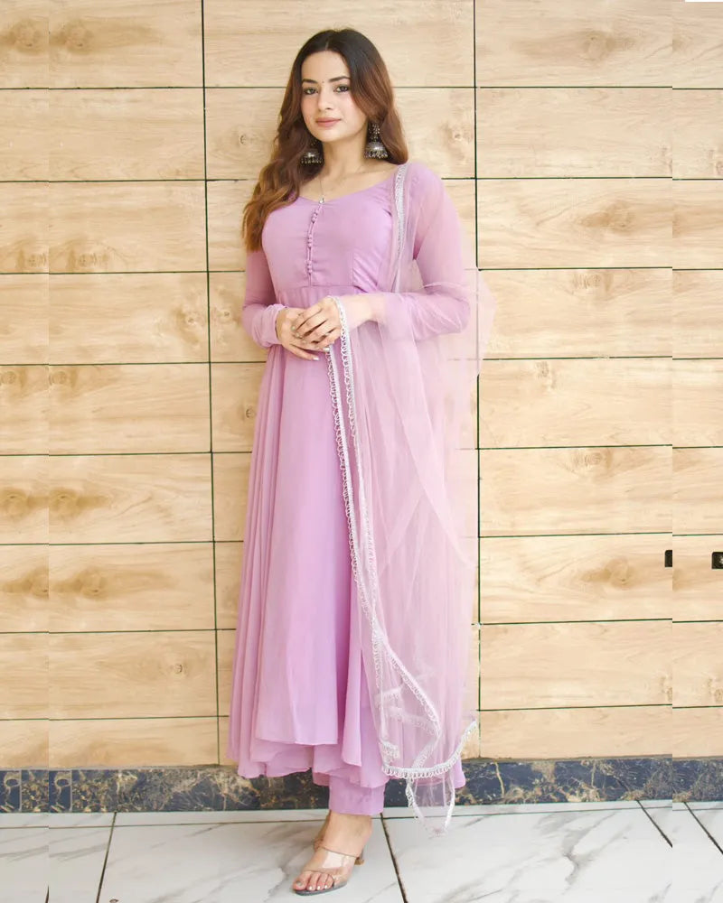 Trending Lavender Pure Faux Georgette Anarkali Pant Suit Sale Explore