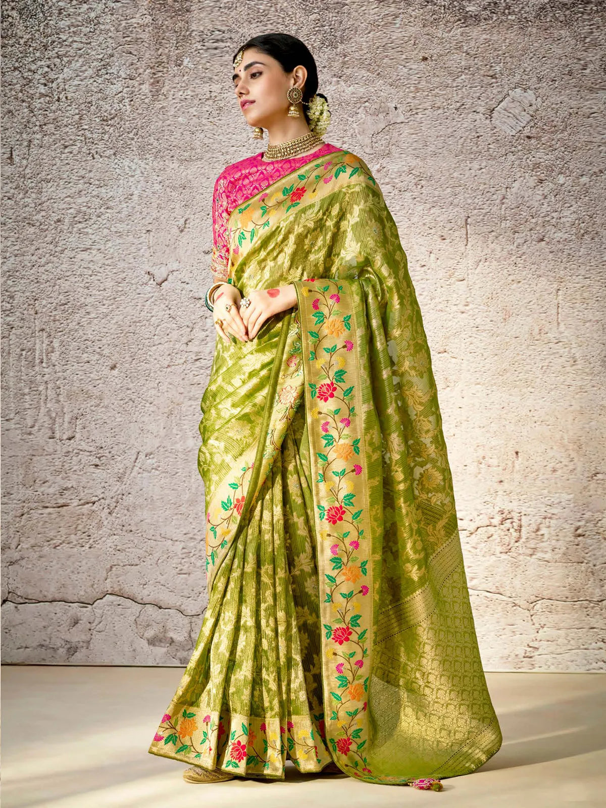 Comforting Light Green Banarasi Silk Saree Floral Embroidered Shop Offer Cheap Online