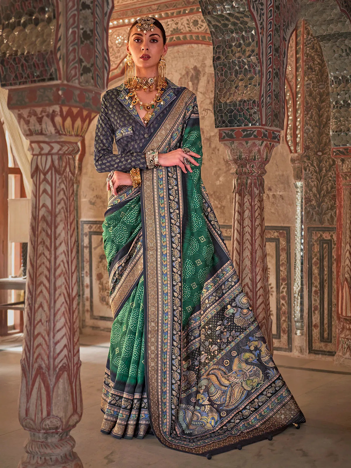 Gorgeous Green Designer Rajwadi Printed  Silk Saree Supply