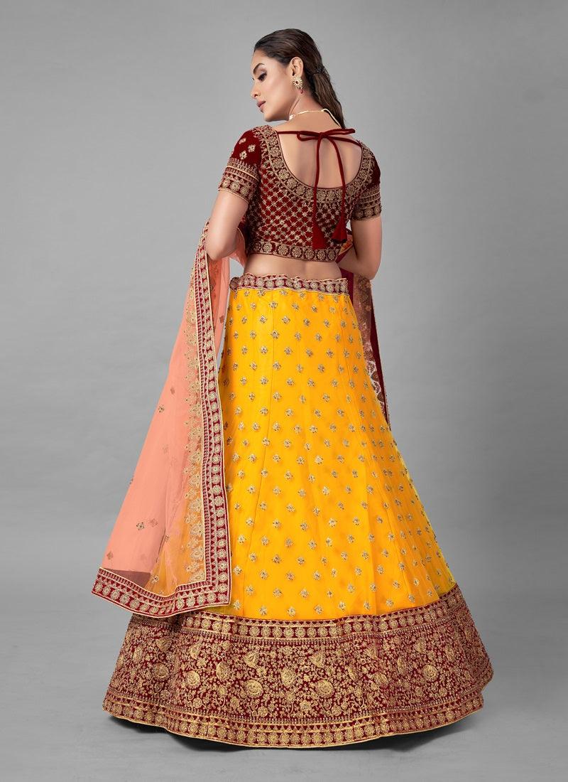 Foxy Yellow Color Velvet Base With Heavy Work Bridal Wear Lehenga Choli Supply Sale Online