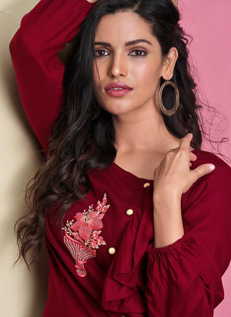 Maroon Color Cotton Base Full Sleeves Casual Wear Short Kurti Cheap Sale Marketable