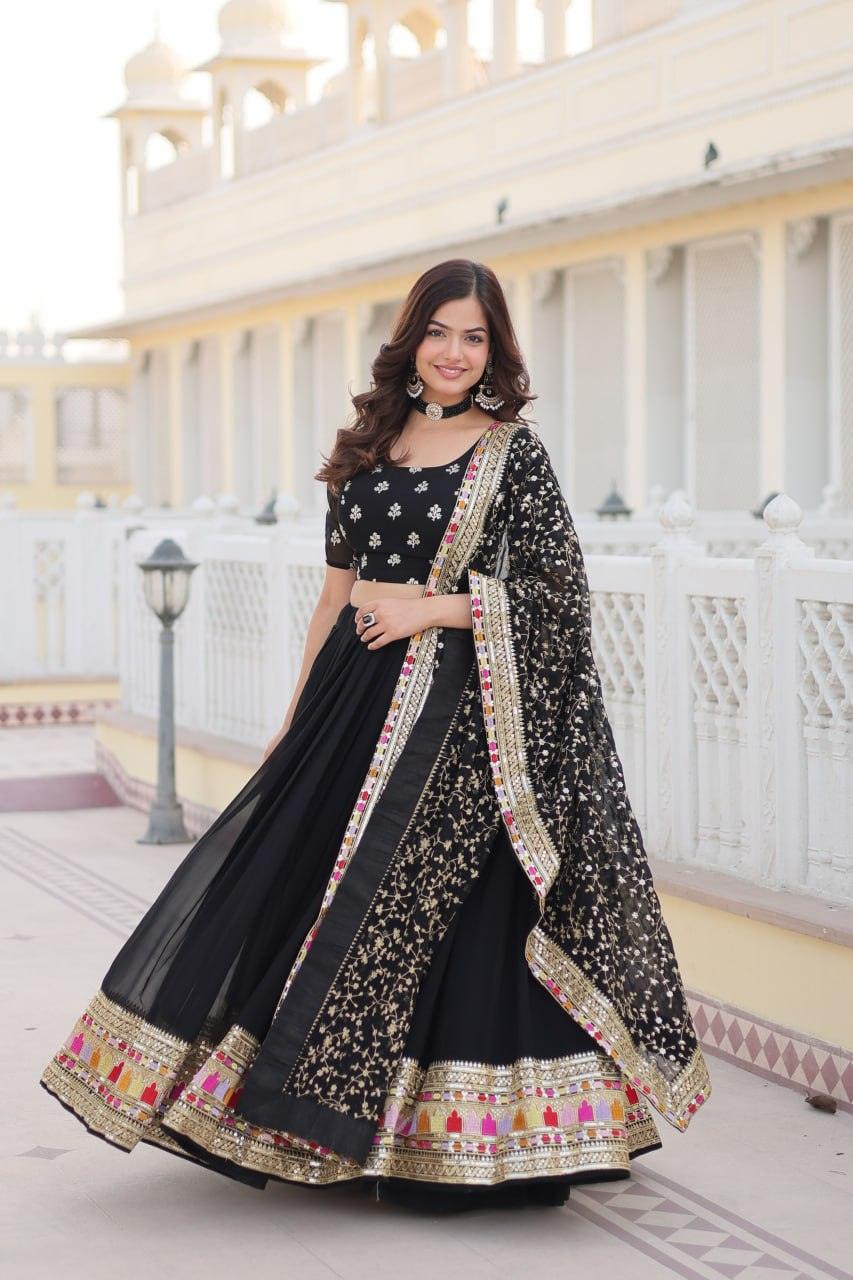 Stunning Black Faux Georgette Heavy Thread Sequins Embroidered Lehenga Choli Set Outlet Online Shop