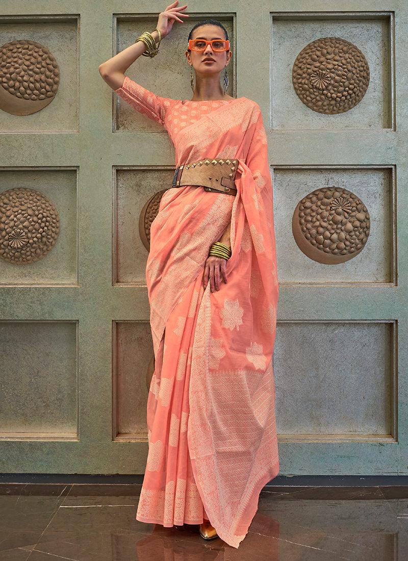 Peach Color Lucknowi Silk Classic Saree Clearance Amazing Pice