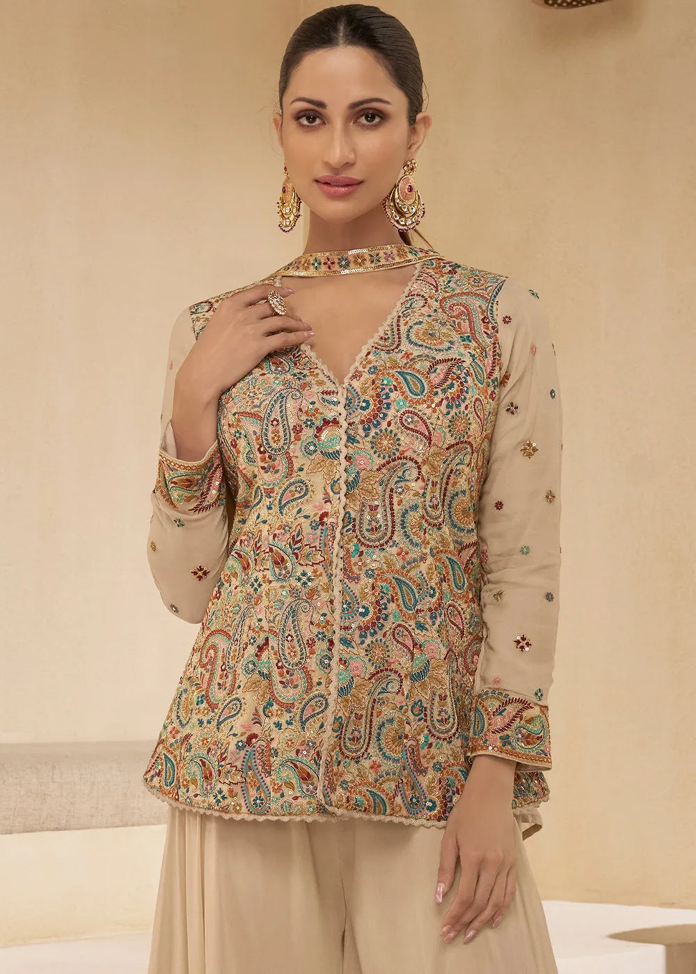 Light Brown Pure Georgette Floral Embroidered Designer Top Palazzo Suit Cheap Sale Outlet