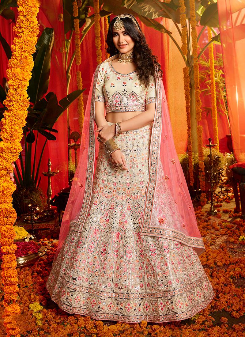 Spectacular White And Pink Organza Base Designer Lehenga Choli Sale Clearance