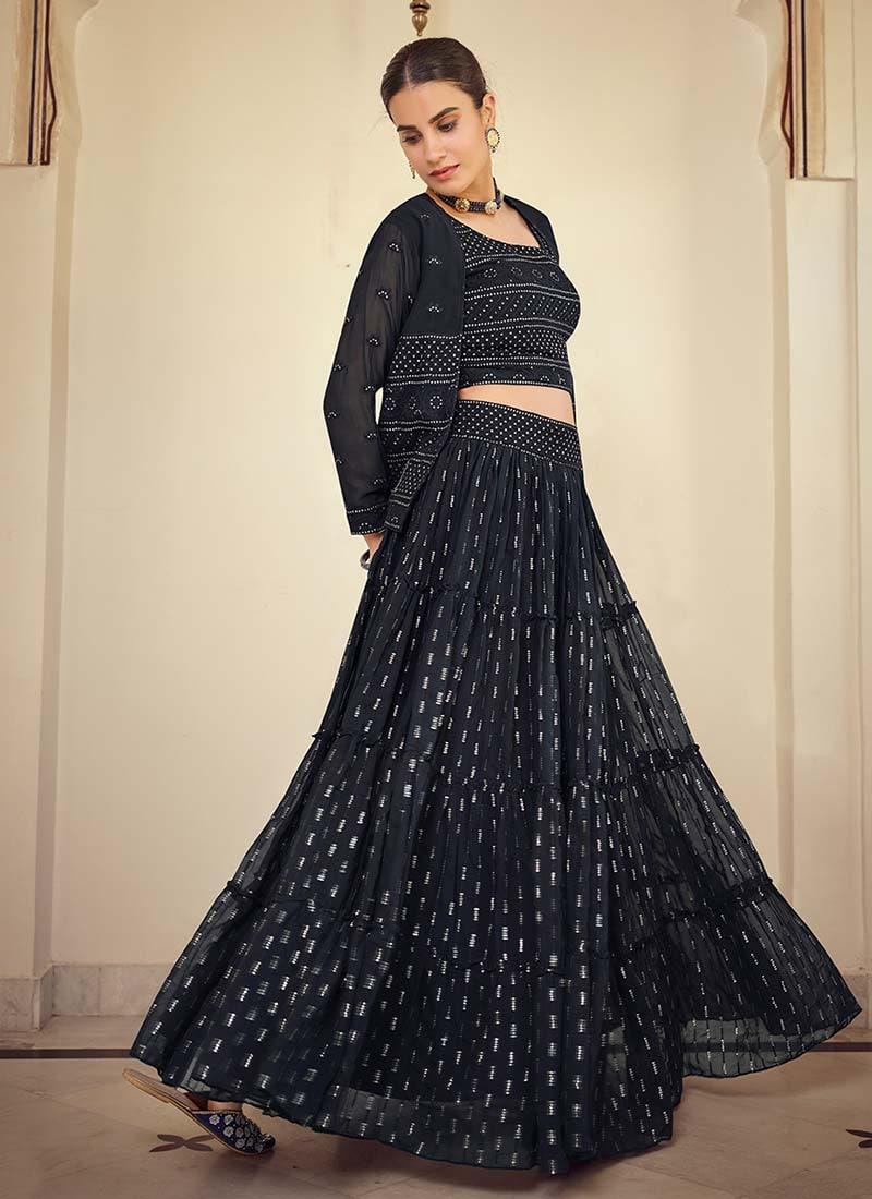 Sequins Work Georgette Fabric Navy Blue Color Lehenga Jacket For Sale Official Site