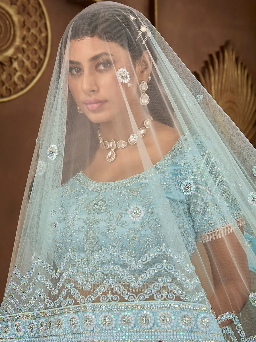 Heartwarming Sky Blue Premium Net Bridal Lehenga Choli Explore