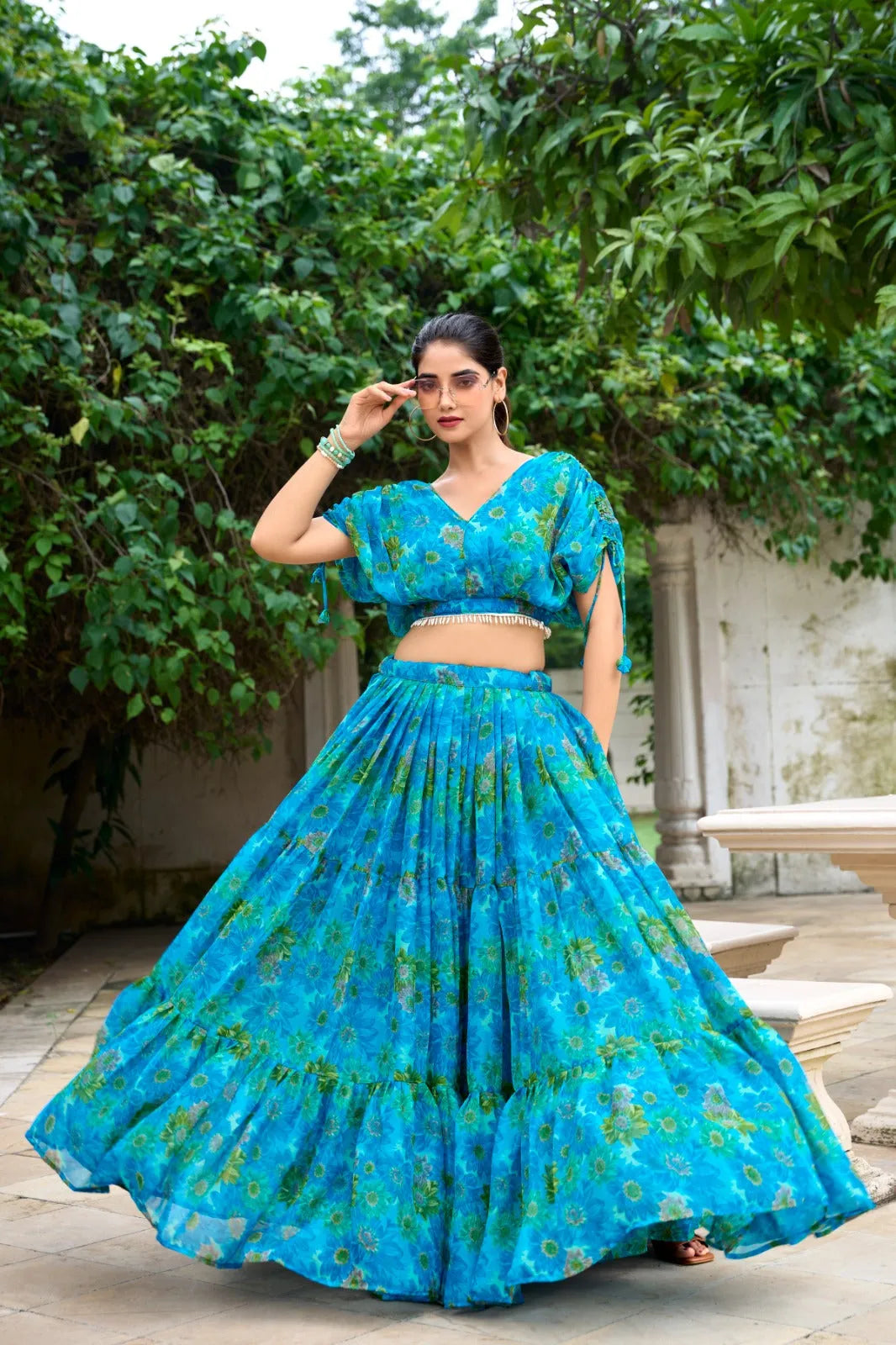 Dreamlike Chiffon Sky Blue Floral Printed Lehenga Choli Sale Official