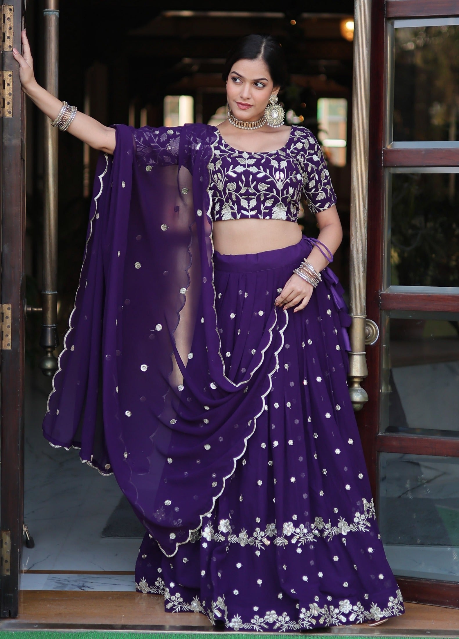 Purple Georgette Sequins and Embroidered work lehenga choli Supply Sale Online